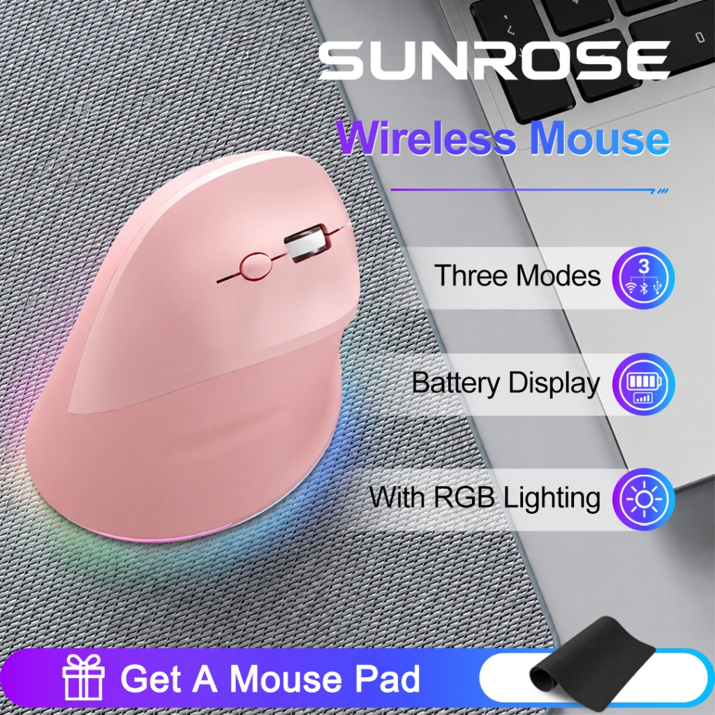 SUNROSE เมาส์ไร้สาย RGB จอแสดงผลไฟฟ้า ไร้สาย+2.4ก+บลูทูธ Wireless Mouse Bluetooth Mouse Wired Mouse เมาส์เกมมิ่ง เมาส์ทำงาน เมาส์บลูทูธ แนวตั้ง ตามหลักสรีรศาสตร์
