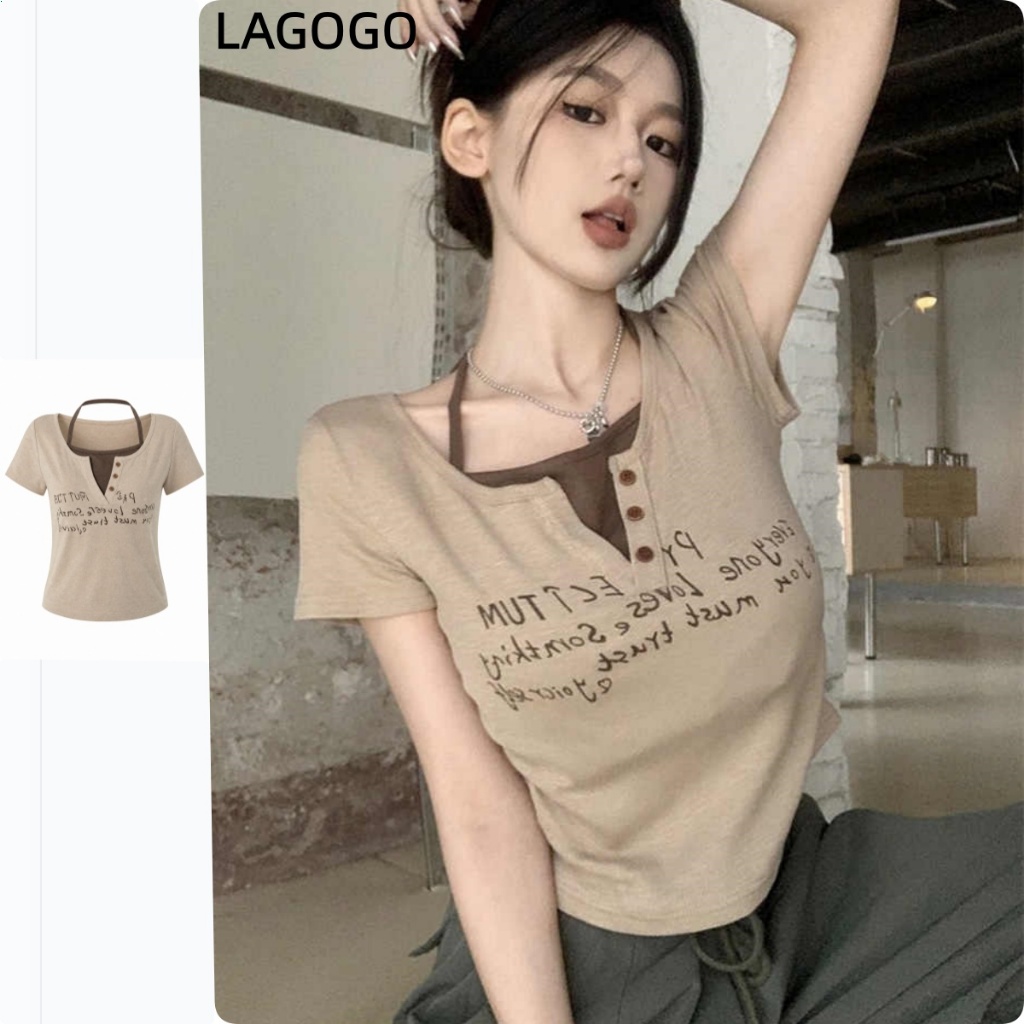 【สินค้าใน TH】เสื้อยืดแขนสั้นสไตล์รีโทรอเมริกัน แบบสองชิ้นเทียม ผ้าแนบตัว ผูกสายคอ สำหรับผู้หญิง ฤดูร้อน A114