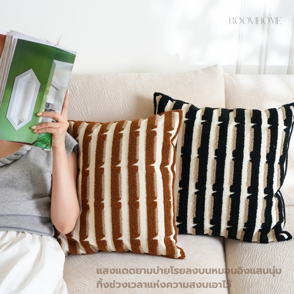 พร้อมส่งจากไทย  ลายทาง งานปัก เรโทร สไตล์โมเดิร์น หมอนอิง / ปลอกหมอนอิง หมอนตกแต่งโซฟาห้องนั่งเล่น แต่งบ้าน | RooviHome คอลเลกชัน Soft Noon Stories