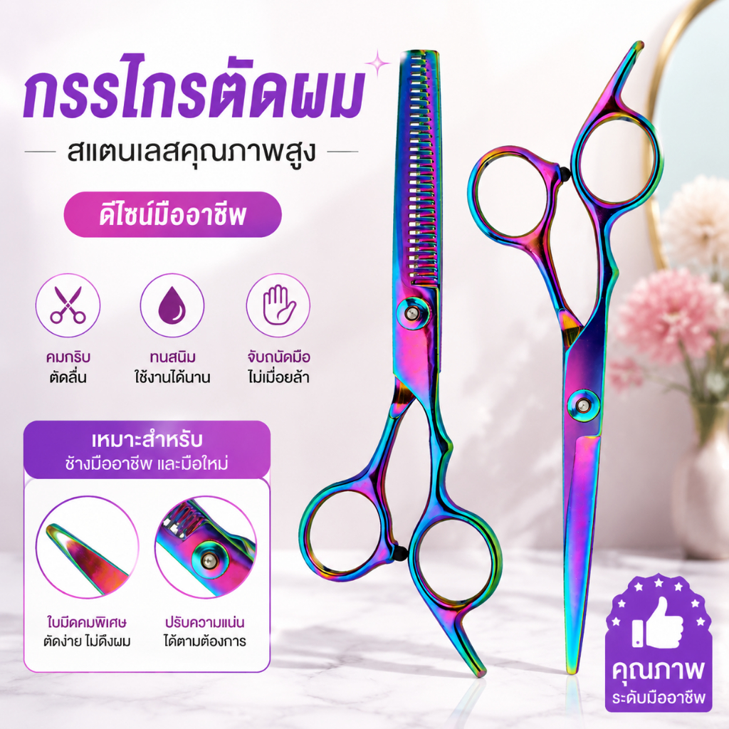 ชุดตัดผมสแตนเลสสีม่วงดำ 3 ชิ้น - กรรไกรตัดผม, กรรไกรเบลนด์ และกรรไกรสำหรับร้านเสริมสวยและช่างตัดผม