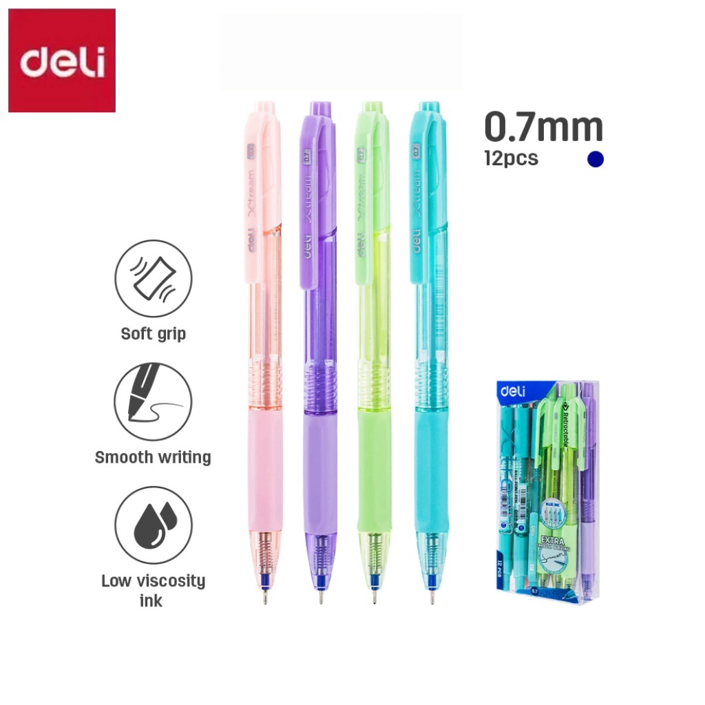 ปากกาลูกลื่น Deli แบบกด 0.7 มม. หมึกน้ำเงิน ปลอกนิ่ม จับสบาย แพ็ค 12 แท่ง ใช้งานลื่น Ballpoint Pen