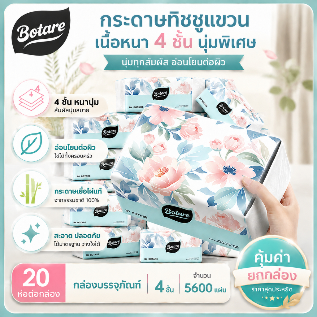【20 แพ็ค】Botare ทิชชู่ กระดาษเช็ดหน้า 4 ชั้น 5600 แผ่น 20 ห่อต่อกล่อง กระดาษทิชชู่นุ่มละเอียด สำหรับบ้านและสำนักงาน คุ้มค่าพร้อมส่ง