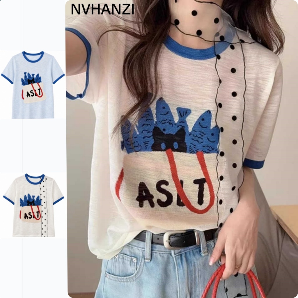 สไตล์ใหม่ Slub ผ้าฝ้ายเสื้อยืดผู้หญิงพิมพ์สีฟ้าแขนสั้น Slimmer ดูสวมใส่ฤดูร้อน All-Match อายุ @