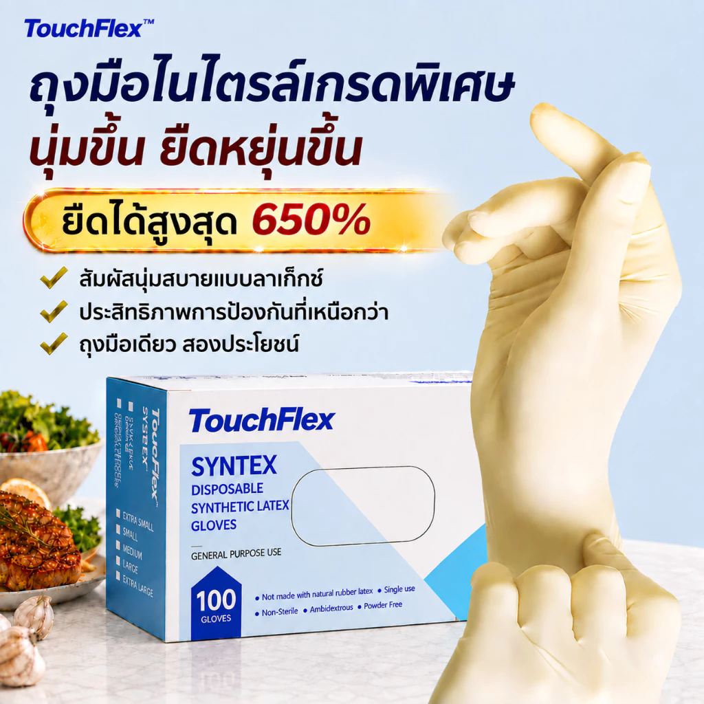 TouchFlex Syntex ถุงมือไนไตรล์สูตรแข็งแรงพิเศษ 100 ชิ้น ไร้แป้งและลาเท็กซ์ สัมผัสเหมือนลาเท็กซ์ ลดโอกาสการแพ้ ยืดหยุ่น 6.5 เท่า Food Safe สำหรับงานทำความสะอาด งานสัก ทำอาหาร เสริมความงาม และดูแลสัตว์เลี้ยง