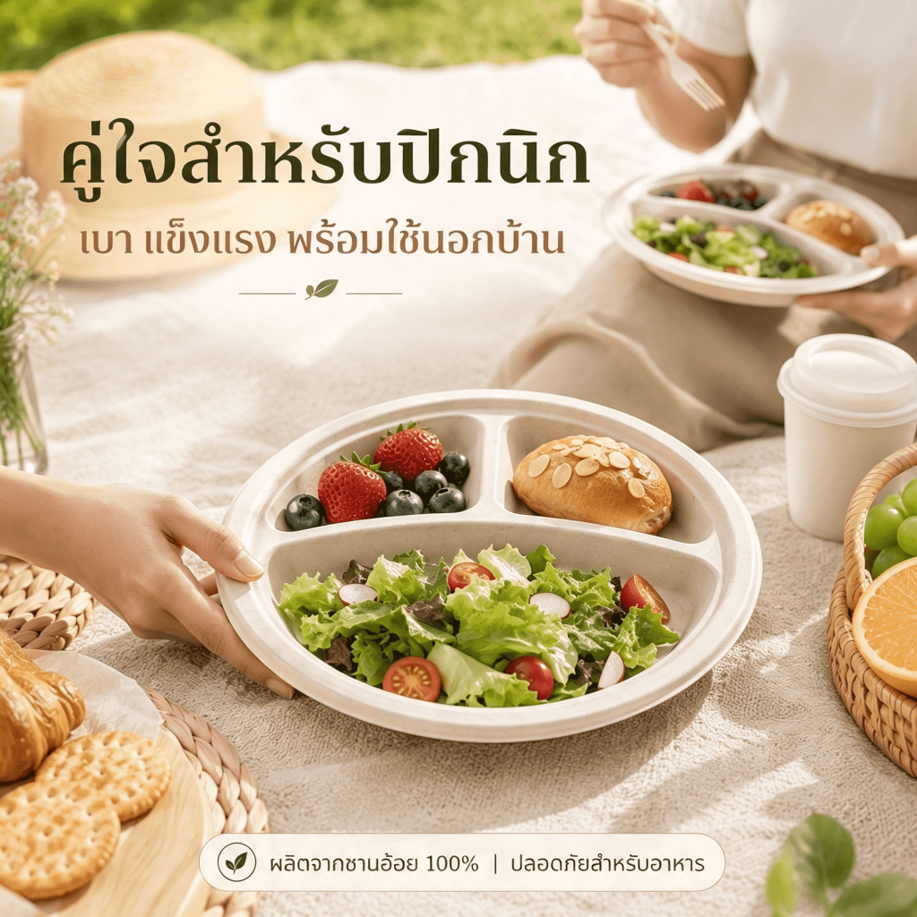 Joyful Ocean จานชานอ้อย 100% ย่อยสลายได้ จานอาหารใช้แล้วทิ้ง จานกลม 3 ช่อง เกรดอาหาร แบบหนาพิเศษ แข็งแรงทนทาน เป็นมิตรต่อสิ่งแวดล้อม เข้าไมโครเวฟและช่องแช่แข็งได้ แพ็ค 50/125 ชิ้น