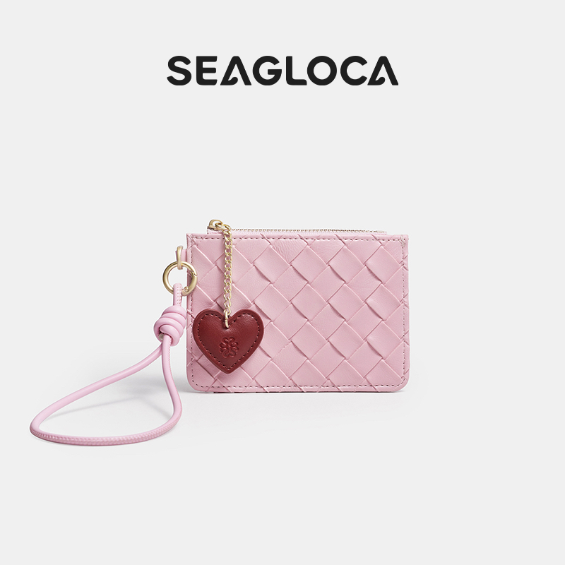 SeaGloca ทอ Lattice รูปแบบสายรัดข้อมือจี้หัวใจซิปกระเป๋าใส่เหรียญผู้ถือบัตรกระเป๋าสตางค์ขนาดเล็กสําหรับผู้หญิงไม่มี 00015