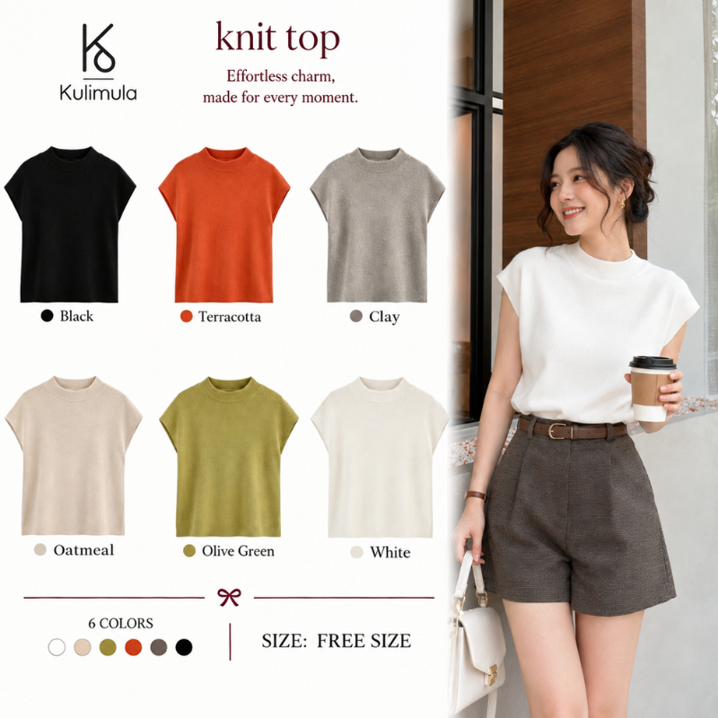 Kulimula knit top เสื้อไหมพรมไร้แขน คอปานกลาง ทรงกระชับสไตล์เกาหลี ใส่ทำงานสวย เรียบหรู