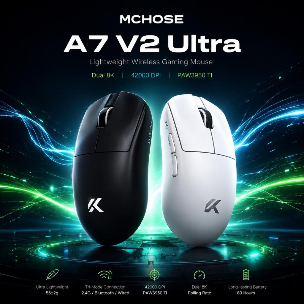 MCHOSE A7 V2 Pro Ultra / G3 V2 เมาส์เกมมิ่ง เมาส์ไร้สาย Up to PAW3950 Ultra น้ําหนักเบา (800mAh/8K) สําหรับเล่นเกม Valorant CS2
