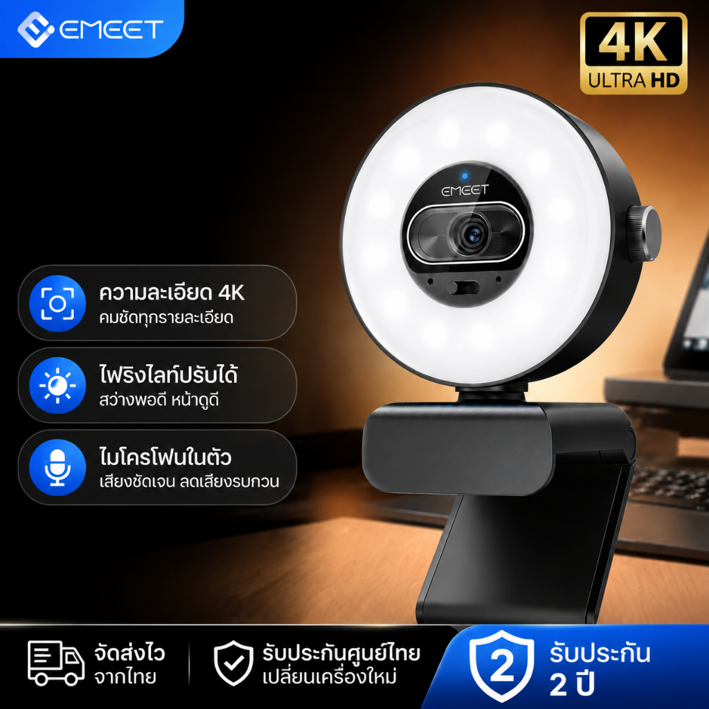 【LIVE--สามารถคืนสินค้าได้ฟรีภายใน 15 วัน, AI ปรับโฉมและเสริมแสง, แถมขาตั้งกล้อง】กล้องเว็บ EMEET S600 LIGHT 4K เหมาะสำหรับสตรีมมิ่ง เกม และประชุมทางวิดีโอ มาพร้อมการปรับแสงสามสี จำเป็นสำหรับการไลฟ์ขายสินค้า