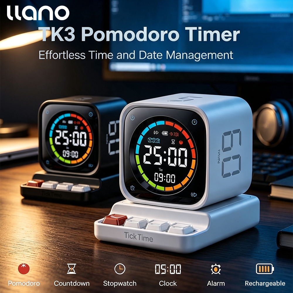 LLANO TK3 Pomodoro Timer Cube, โต๊ะ Productivity Timer 5/10/30/60 Min Presets, Custom Counting, Clock, Silent,Vibrate&Sound Alert, for Task,Kitchen