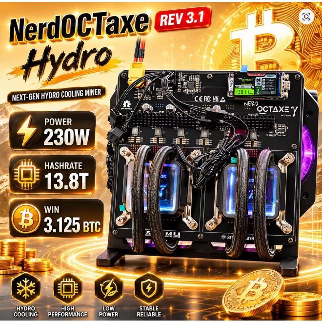 NerdOCTaxe Rev3.1 Hydro 13.8T 230W BM1370 ชิป Asic เปิดแหล่ง Bitcoin Miner พร้อม MeanWell PSU