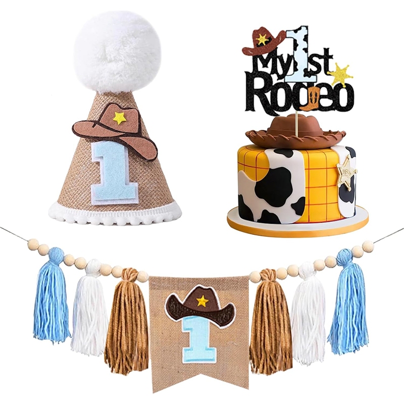 Western Cowboy Baby First Birthday Decor My 1st Rodeo แบนเนอร์หมวกเค้ก Topper สําหรับ Boy Birthday Props