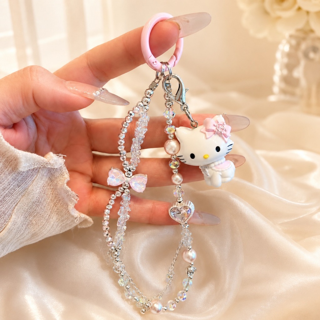 แมวน่ารัก Rhinestone Pearl โทรศัพท์มือถือ Lanyard Charm สั้นแขวน Chain Bowknot ลูกแมวกรณีอุปกรณ์เสริม Anti-Lost ข้อมือชิ้น