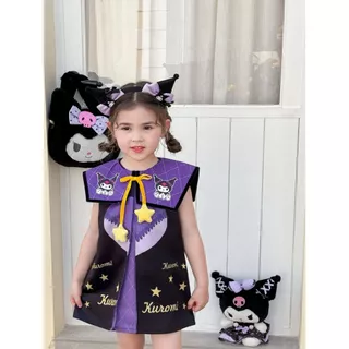 🧸 ส่งจากไทย🧸ชุดเด็กผู้หญิง Kuromi เดรสเจ้าหญิง 1-8ปี ผ้าฝ้ายแขนสั้น ลายการ์ตูน สไตล์เกาหลี สําหรับไปงานปาร์ตี้ Halloween แม่มด สีดํา