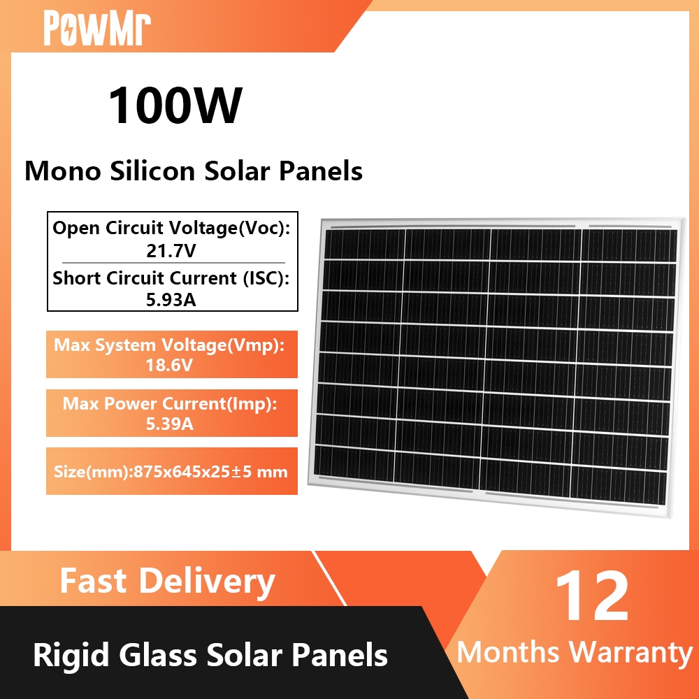 PowMr 100W 21.7V Monocrystalline แผงพลังงานแสงอาทิตย์ที่ทนทานประสิทธิภาพสูง,กระจกนิรภัย,กันน้ํา,มาพร้อมกับสายติดตั้ง,เหมาะสําหรับรถยนต์,Camper Vans,กลางแจ้ง,และปิด-