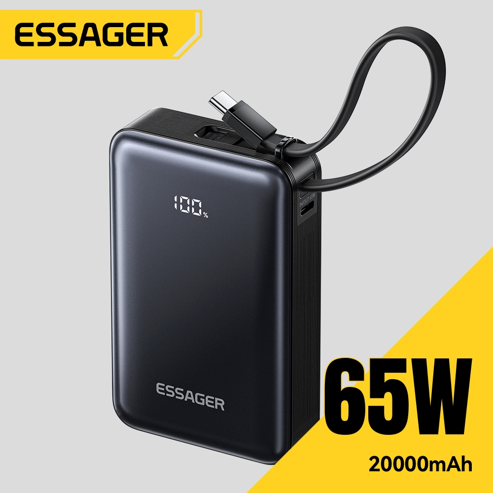 ESSAGER 65W PD Power Bank 20000mAh สายเคเบิล Type-C ในตัวจอแสดงผลดิจิตอล Fast Charger Powerbank รองร