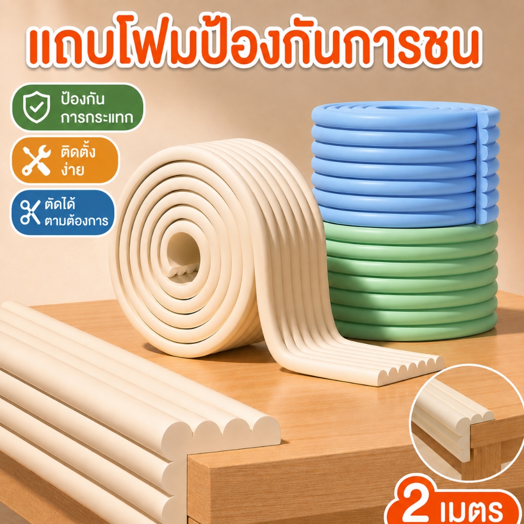 โฟมกันกระแทกมุมโต๊ะ แถบโฟมป้องกันการชน กันกระแทกขอบโต๊ะ ยาว 2 เมตร โฟมนุ่ม กาวในตัว ป้องกันเด็ก