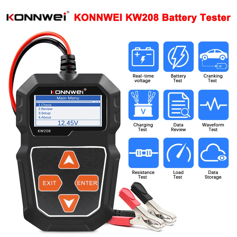 KONNWEI KW208 12V เครื่องทดสอบแบตเตอรี่รถยนต์ 100 ถึง 2000CCA Cranking ชาร์จ Circut เครื่องทดสอบเครื