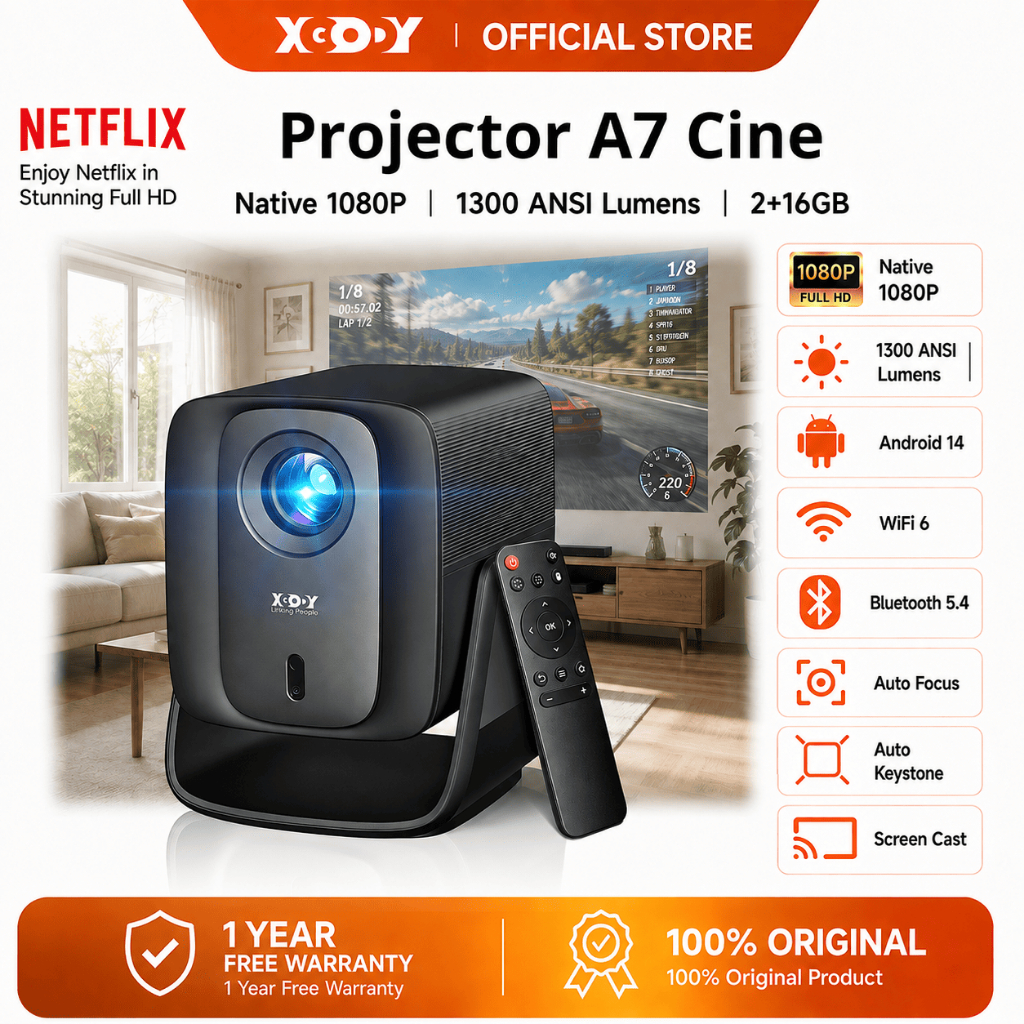[Hot] XGODY A7 Ultra 1300 ANSI Projector 2+16GB โปรเจคเตอร์ พกพา การป้องกันการสั่น Android 14.0 การอัพเกรดที่ครอบคลุม