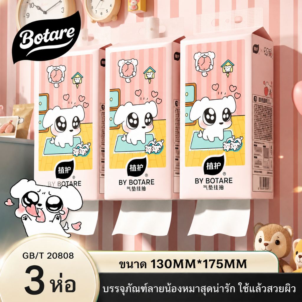【3 แพ็ค】Botare ทิชชู่แขวน GB/T20808  ใยไม้ธรรมชาติ แขวนได้ทุกห้อง (บ้าน/ห้องน้ำ/ครัว) นุ่ม แข็งแรง ไม่ขาด 4 ชั้น ขนาด 130*175mm 250 แผ่น