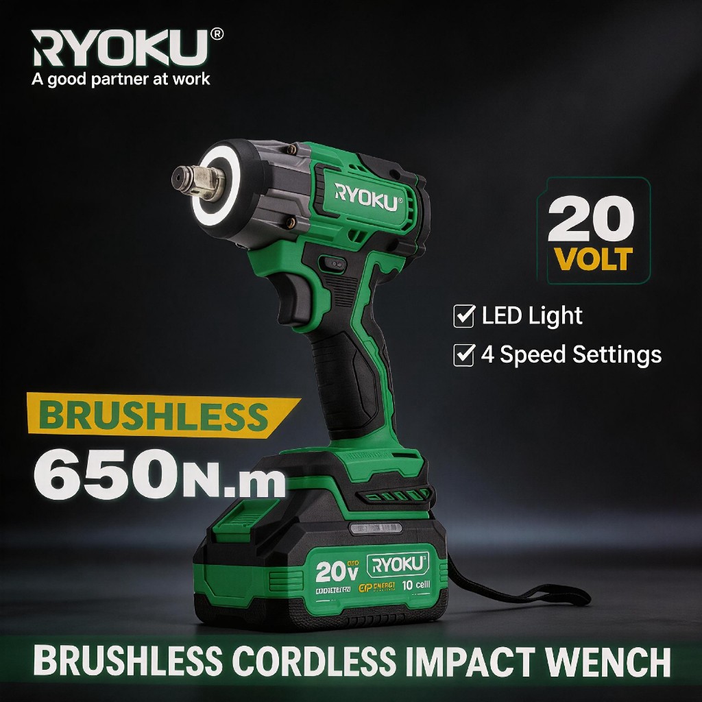 RYOKU 650NM ประแจผลกระทบไร้สาย ประแจไร้แปรงถ่าน พร้อมกล่องเครื่องมือ