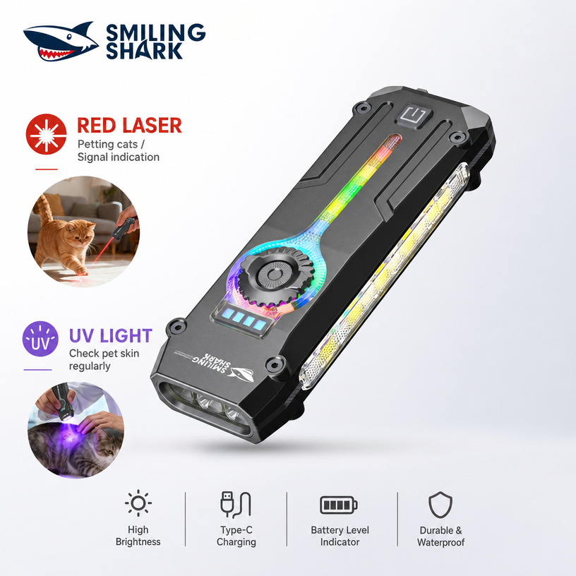 ไฟฉาย SMILING SHARK LED UV แสงสีม่วง COB พร้อมเลเซอร์ 11 โหมด ไฟด้านข้าง ทนฝนตกและใช้งานฉุกเฉิน SD5452