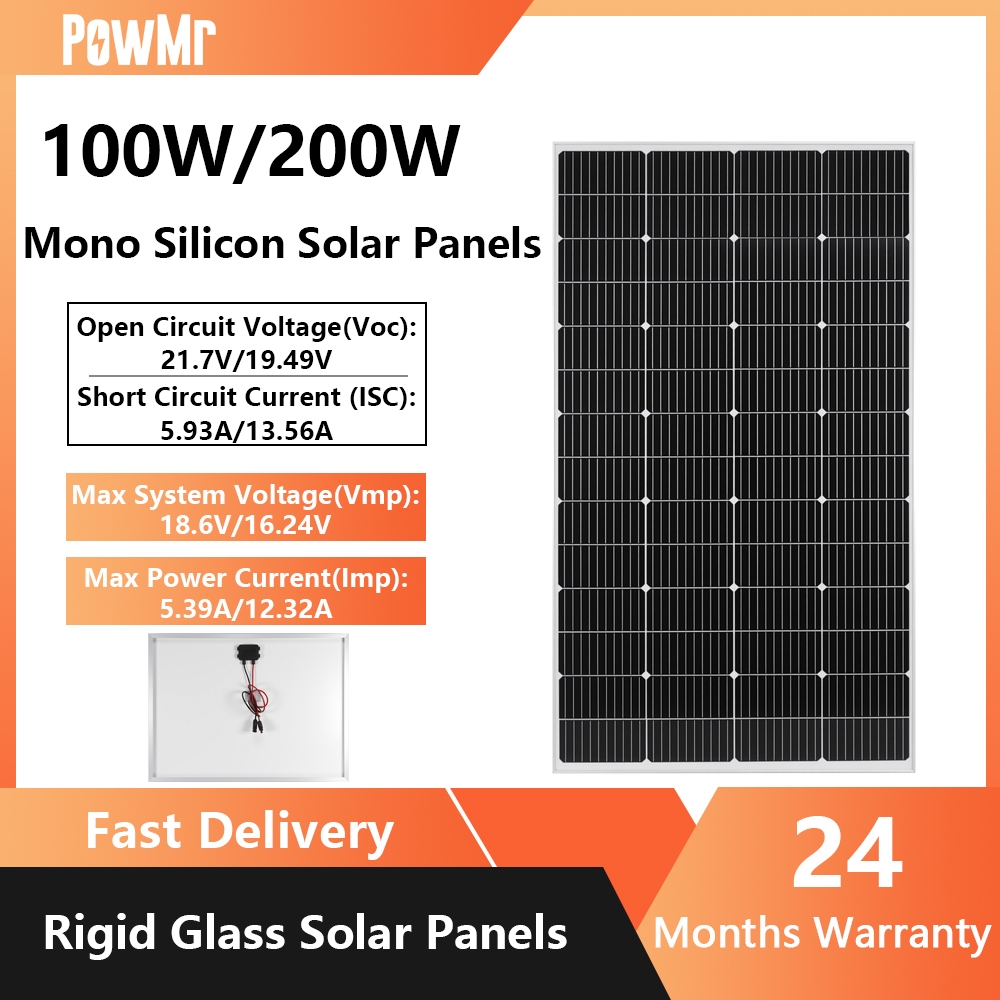 แผงกระจกPowMr 100W/200W Monocrystalline Solar Panel Stable Output IP67 กันน้ํา MC4 Connector เหมาะสําหรับ RV Camping และไฟบ้านสํารองรับประกัน 12 เดือน