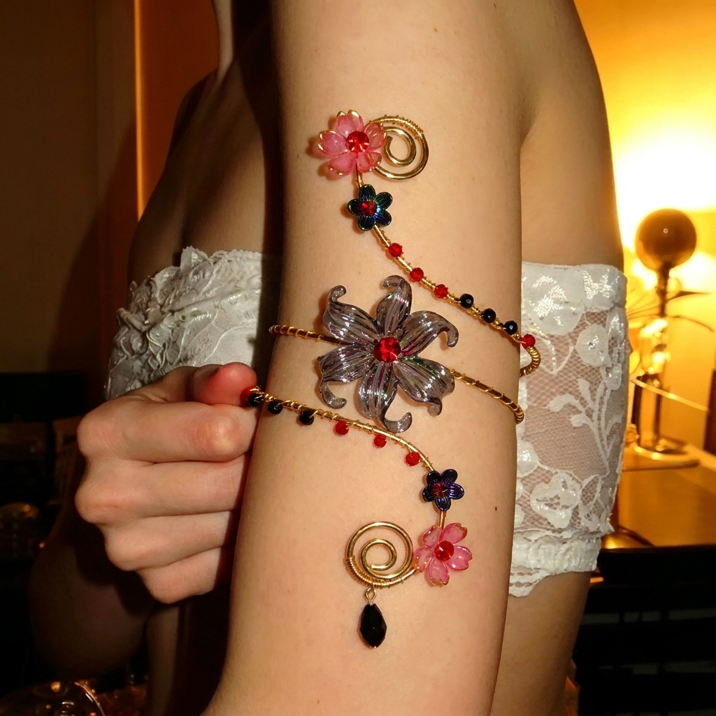 Bohemian ดอกไม้แขนข้อมือ Upper Arm สร้อยข้อมือปรับ Gold Tone คริสตัลลูกปัด Armband แฟชั่น Halloween Party ของขวัญเครื่องประดับสําหรับผู้หญิง