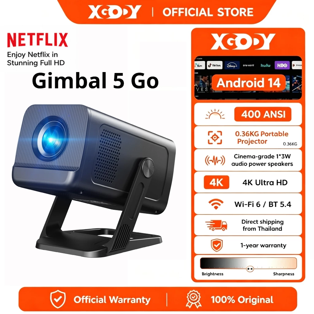 XGODY Gimbal 5 GO โปรเจคเตอร์พกพา Android 14 สนับสนุน 4K 8K HD ความสว่าง 500 ANSI