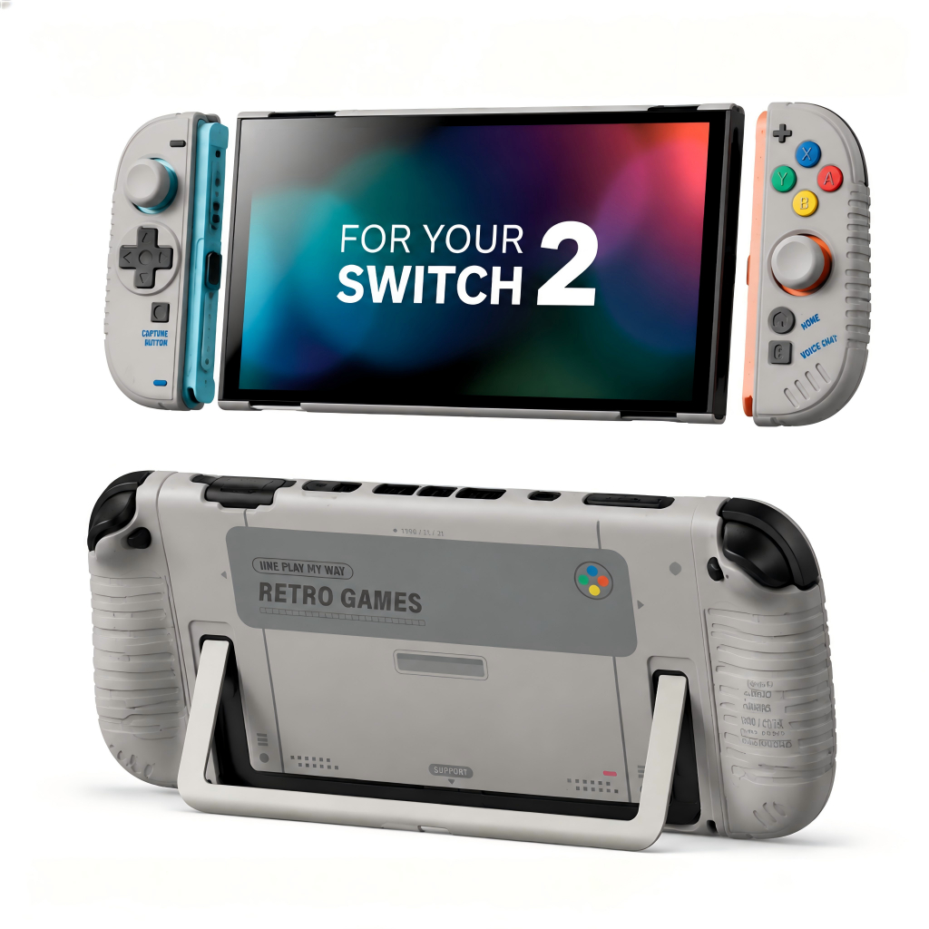 IINE Retro เคสป้องกันเต็มรูปแบบพร้อมสติกเกอร์ขาตั้งสําหรับ Nintendo Switch 2 Dockable Hard Shell Grip Cover