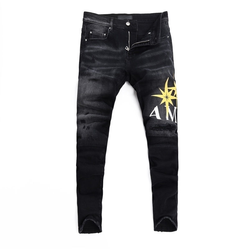 Amiri แฟชั่นถนนสูงผู้ชายใหม่กางเกงยีนส์ดำบางพอดีกับผู้ชายยืดหยุ่นพิมพ์กางเกงยีนส์