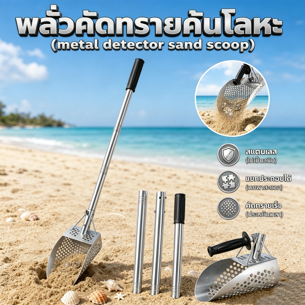ตักทราย201พลั่วชายหาดสแตนเลสที่มีด้ามยาวที่ถอดออกได้ชายหาดสมบัติล่าสัตว์ตัก
