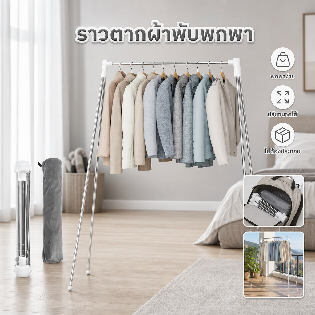 ราวตากผ้า 53.5 นิ้ว Folable Laundry Drying Rack ไม้แขวนเสื้อยืดลื่นฟุตสแตนเลสเสื้อผ้าขาตั้ง Travel Garment Rack ชั้นวางเสื้อผ้าเดินทางแบบพกพาแขวนผ้าสําหรับค่ายซักอบอ