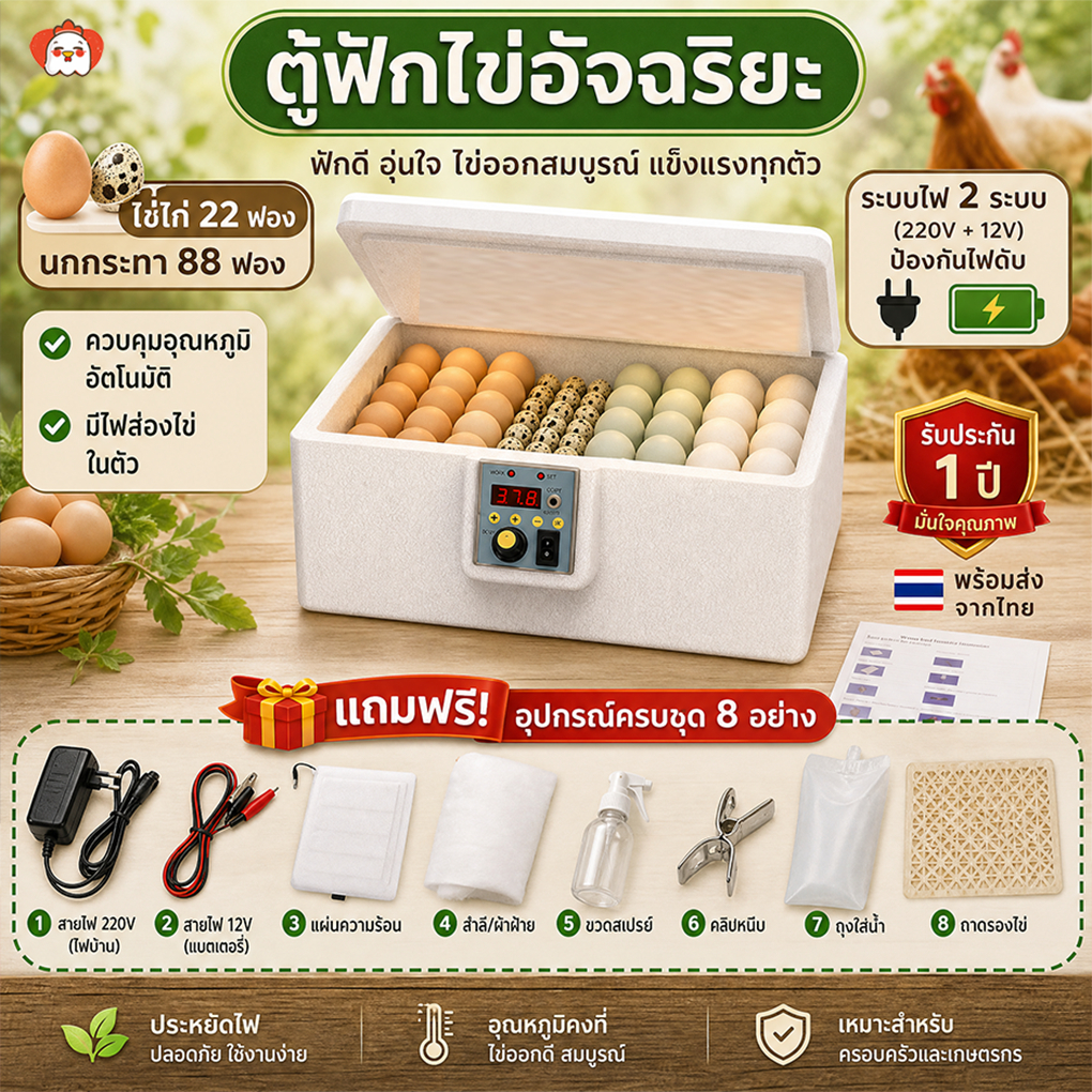 [ส่งจากไทย] ตู้อบไข่แบบเตียงน้ำ 22 ฟอง ระบบไฟคู่ 12V ไฟดับไข่ไม่เสีย ตู้อบอัจฉริยะ อัตราฟักสูง ประกัน 1 เดือน