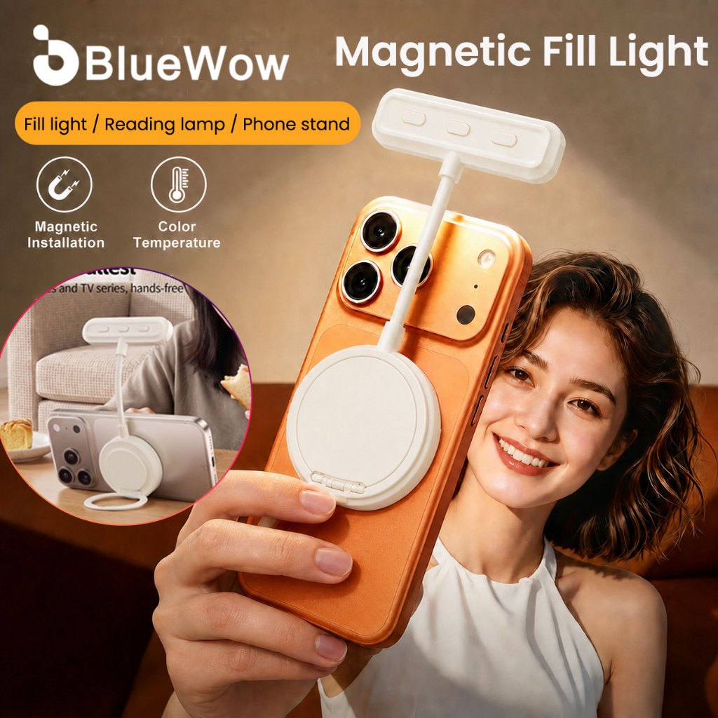 BlueWow MagSafe Magnetic Fill Light & Reading Lamp & Phone Stand | ไฟเซลฟี่ LED 3-in-1 สําหรับโคมไฟอ่านหนังสือสตรีมมิ่งสด USB ชาร์จใหม่ได้