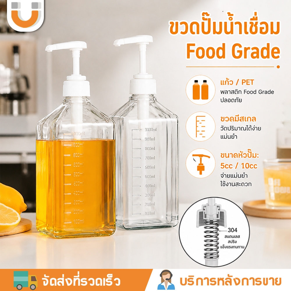 ขวดจ่ายน้ําเชื่อมแก้ว 1100 มล. หัวปั๊ม5cc 10cc ขวดปั๊มไซรัป พร้อมปั๊มและสเกลตวง ขวดพลาสติก สัตว์เลี้ยง ก็มีกันรั่วซึม