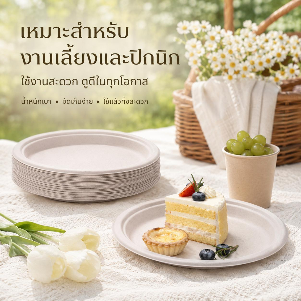 Joyful Ocean จานชานอ้อย 100% ย่อยสลายได้ เกรดอาหาร แบบหนาพิเศษ จานสี่เหลี่ยม จานวงรี แข็งแรงทนทาน เข้าไมโครเวฟ/ตู้เย็นได้ ภาชนะใช้แล้วทิ้งรักษ์โลก