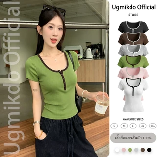 เสื้อยืดแขนสั้นผู้หญิง สีตัดกัน คอปกสี่เหลี่ยม กระชับร่างสไตล์เกาหลี เสื้อสั้น
