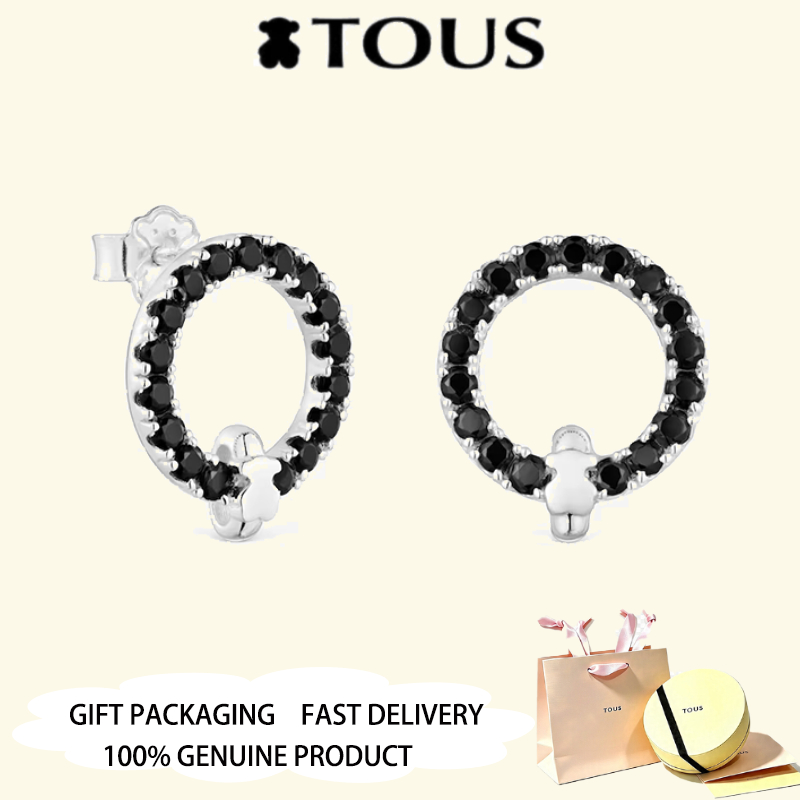 TOUS S925 ต่างหูวงกลมเงินสเตอร์ลิงพร้อมกระดูกสันหลังสีดํา TOUS เครื่องประดับครบรอบวันวาเลนไทน์ตรง