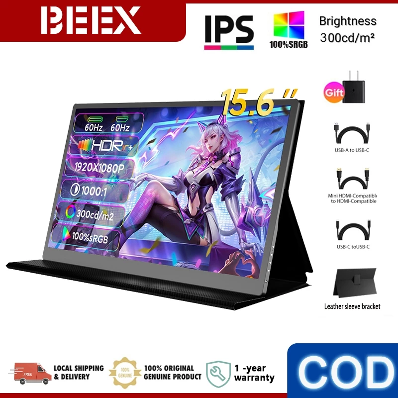 Beex 15.6" จอมอนิเตอร์พกพา  Ips Full HD 1920*1080P 100% sRGB Portable Monitor พร้อมลำโพงรองรับสาย HDMI Type-C เข้ากันได้กับแล็ปท็อปรวมถึงสมาร์ทโฟน Ps4 Ps5 Xbox