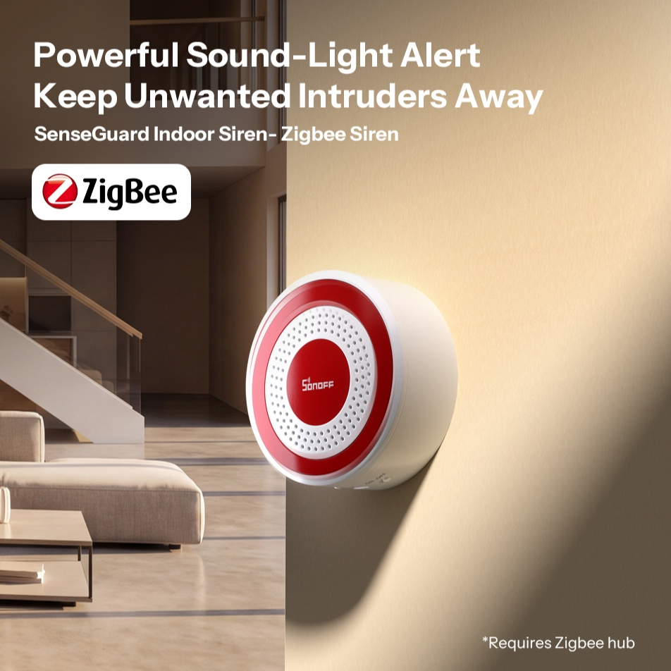 SONOFF SNZB-09P Zigbee SenseGuard ไซเรนในร่ม 105dB Loud Alarm เสียงที่มีความยืดหยุ่น & Light Alerts 10 Custom Alarm Tones Dual Power Supply Zigbee Smart Security Automation