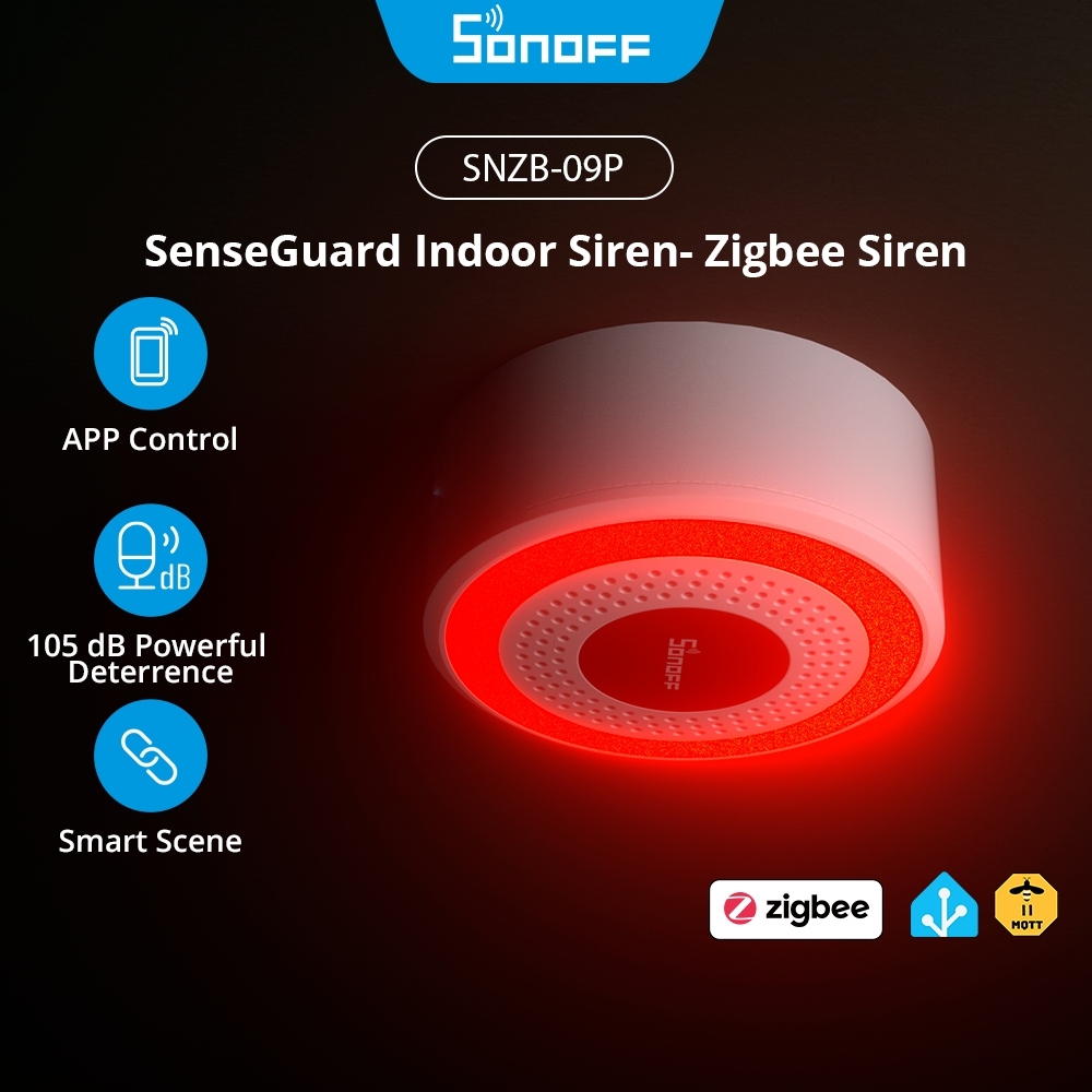 SONOFF Zigbee SenseGuard ไซเรนในร่ม SNZB-09P เสียงยืดหยุ่น Light Alerts 105dB Loud Alarm10 Custom Alarm Tones Dual Power Supply สมาร์ทความปลอดภัยอัตโนมัติ