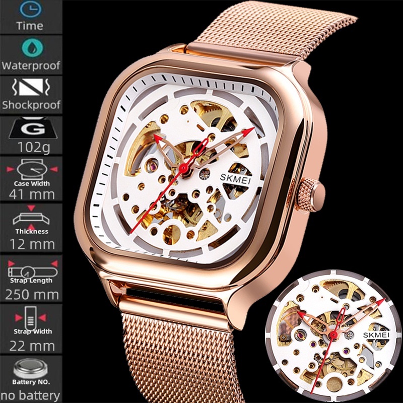 Skmei แบรนด์หรู Mens Mechanical นาฬิกาเหล็กเต็มรูปแบบตาข่าย Hollowed-out Dial กันน้ํานาฬิกาข้อมืออัตโนมัติ
