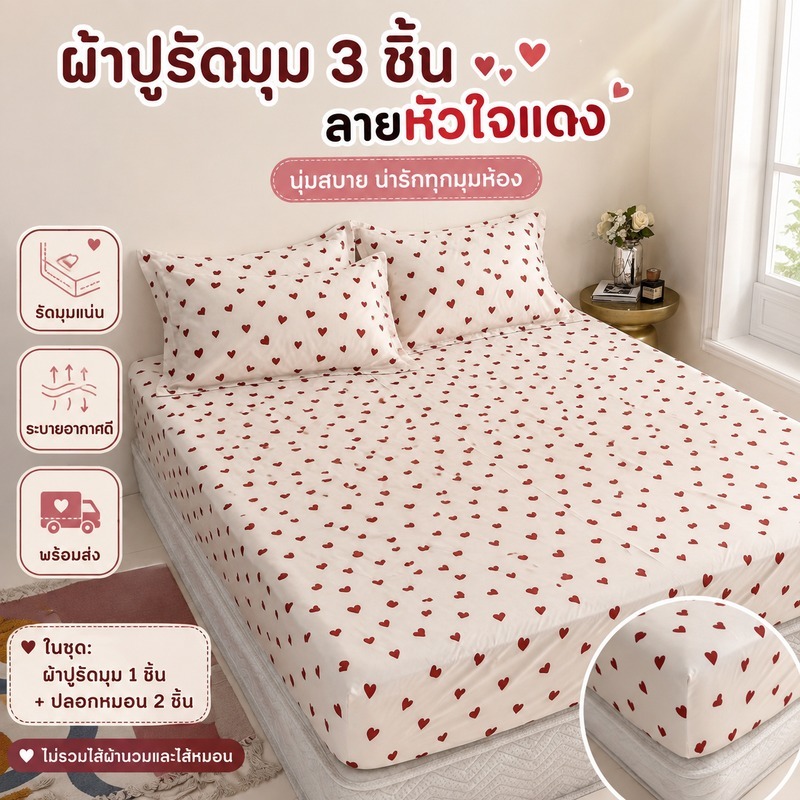 TH-3 Store ผ้าปูที่นอน 3 ชิ้น Set Heart (7 สี) Dream Heart