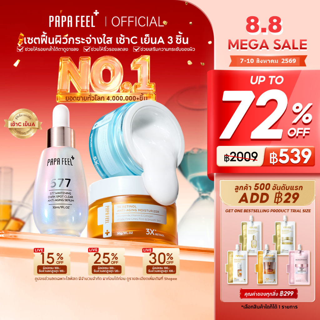 PAPA FEEL ชุดสกินแคร์ | 577 Dark Spot ลดรอยด่าง ผิวสว่างใส Serum | 5X Ceramide ซ่อมเกราะป้องกันผิว Cream | 3X Retinol ต่อต้านริ้วรอย Moisturizer | ชุ่มชื้น เหมาะทุกสภาพผิว