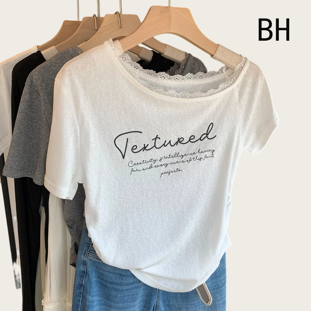 BH ฤดูร้อนผู้หญิง Lyocell เสื้อยืดแขนสั้นปักลายและลูกไม้ Accents บนปกโค้งด้านบน