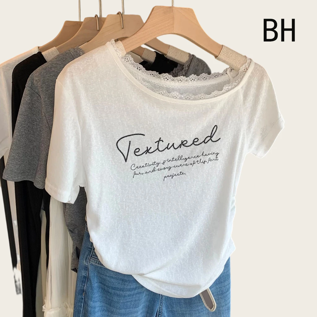 BH ฤดูร้อนผู้หญิง Lyocell เสื้อยืดแขนสั้นปักลายและลูกไม้ Accents บนปกโค้งด้านบน