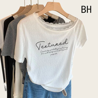 BH ฤดูร้อนผู้หญิง Lyocell เสื้อยืดแขนสั้นปักลายและลูกไม้ Accents บนปกโค้งด้านบน