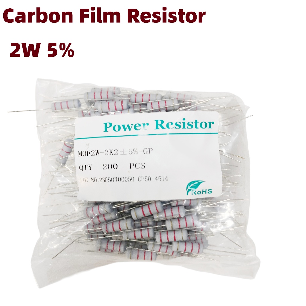 100PCS 1K 1.2K 2.2K 3.3K 4.7K 5.1K 6.8K 10K 100K 1M 2W Carbon-Film Resistor ±5% Tolerance DIP Axial 