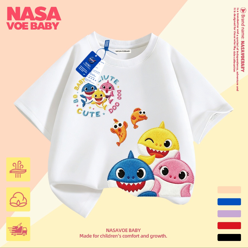 【ส่งเร็ว 24 ชม】เสื้อยืดเด็ก ฉลามน้อย 🦈 สีสดใส ไม่ต้องรีด ระบายอากาศด 1-13 ปี